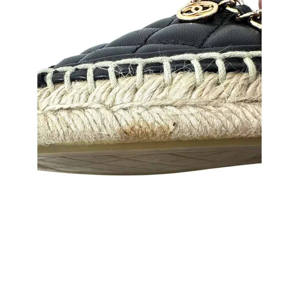 Chanel Black Quilted Leather Espadrilles w/ Gold Chain CC Charm Sz 38 | 8